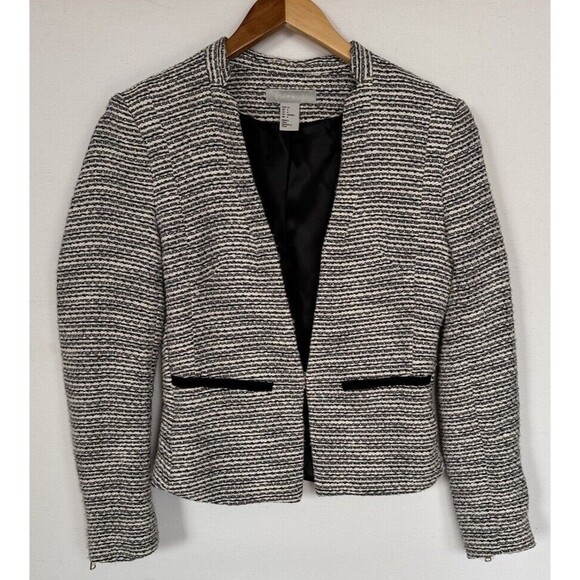 H&M Tweed Blazer Jacket Two Pockets Long Sleeves Black White‎ Sz 4 - Picture 1 of 11